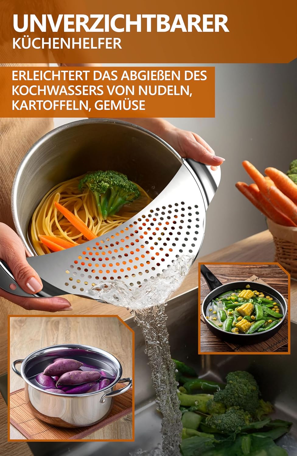 4smile Stainless Steel Pasta Strainer – Flat Space-Saving Pot Sieve for Pots up to 26 cm