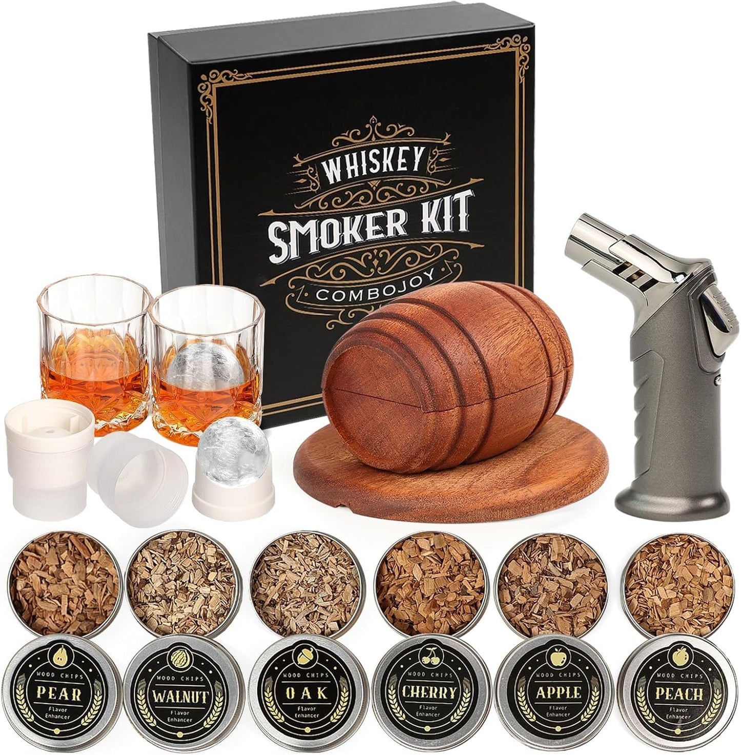 Whiskey Smoker Kit with Torch – Cocktail Smoker Infuser Set with 6 Wood Chip Flavours, Glasses & Ice Ball Moulds (No Butane)