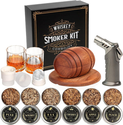 Whiskey Smoker Kit with Torch – Cocktail Smoker Infuser Set with 6 Wood Chip Flavours, Glasses & Ice Ball Moulds (No Butane)