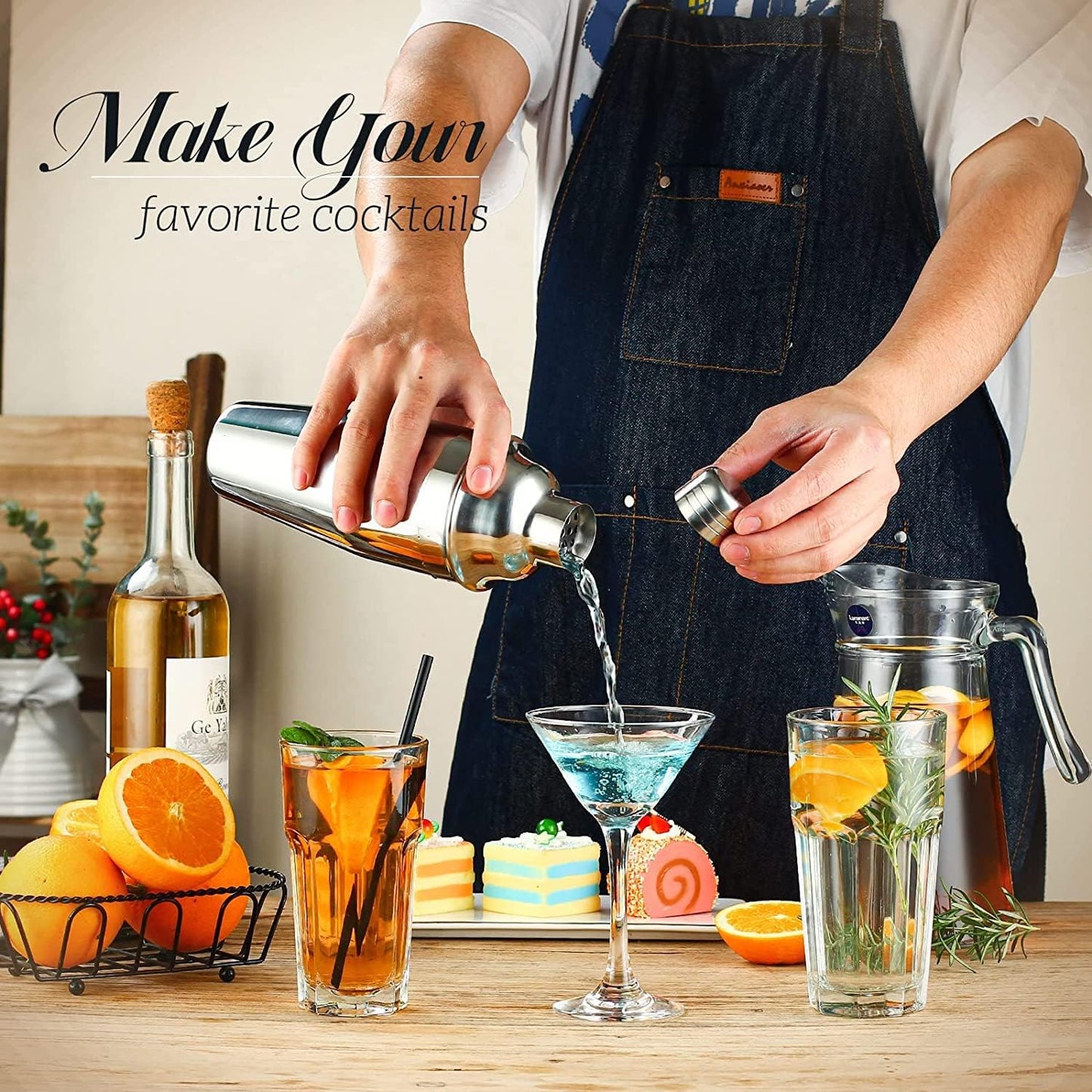 Cocktail Shaker, 750 ML Edelstahl Cocktail Shaker Martini Shaker Schüttelbecher + Mixer mit Sieb