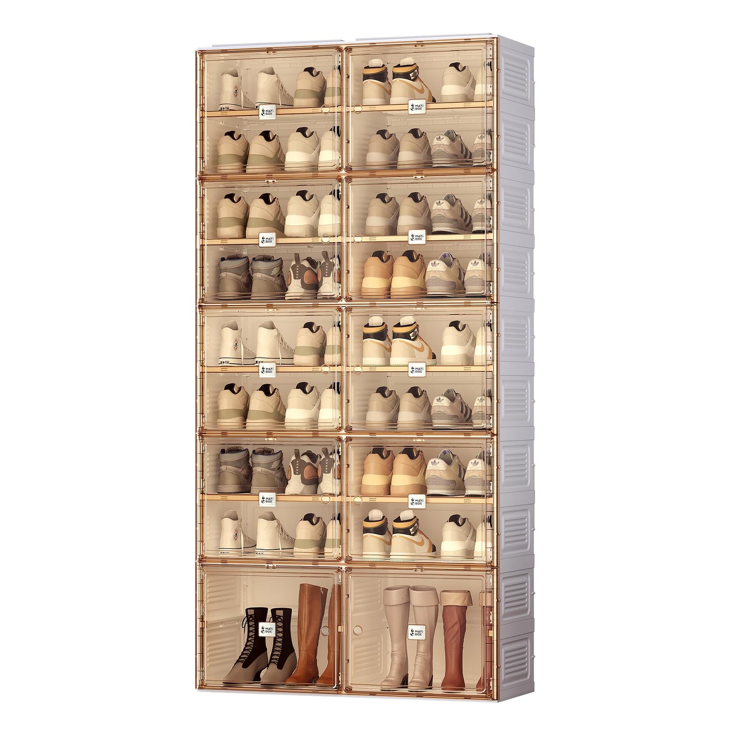 Foldable Shoe Cabinet with Magnetic Doors – 10 Transparent Stackable Shoe Boxes for Heels & Boots (38 Pairs)