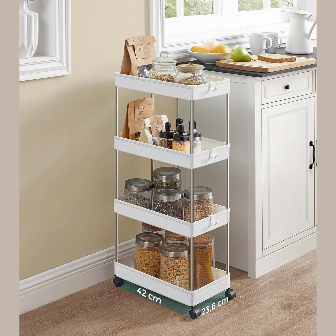 SONGMICS kapea 4-tasoinen säilytyskärry pyörillä – keittiöön ja kylpyhuoneeseen (40 × 12,5 × 86 cm)