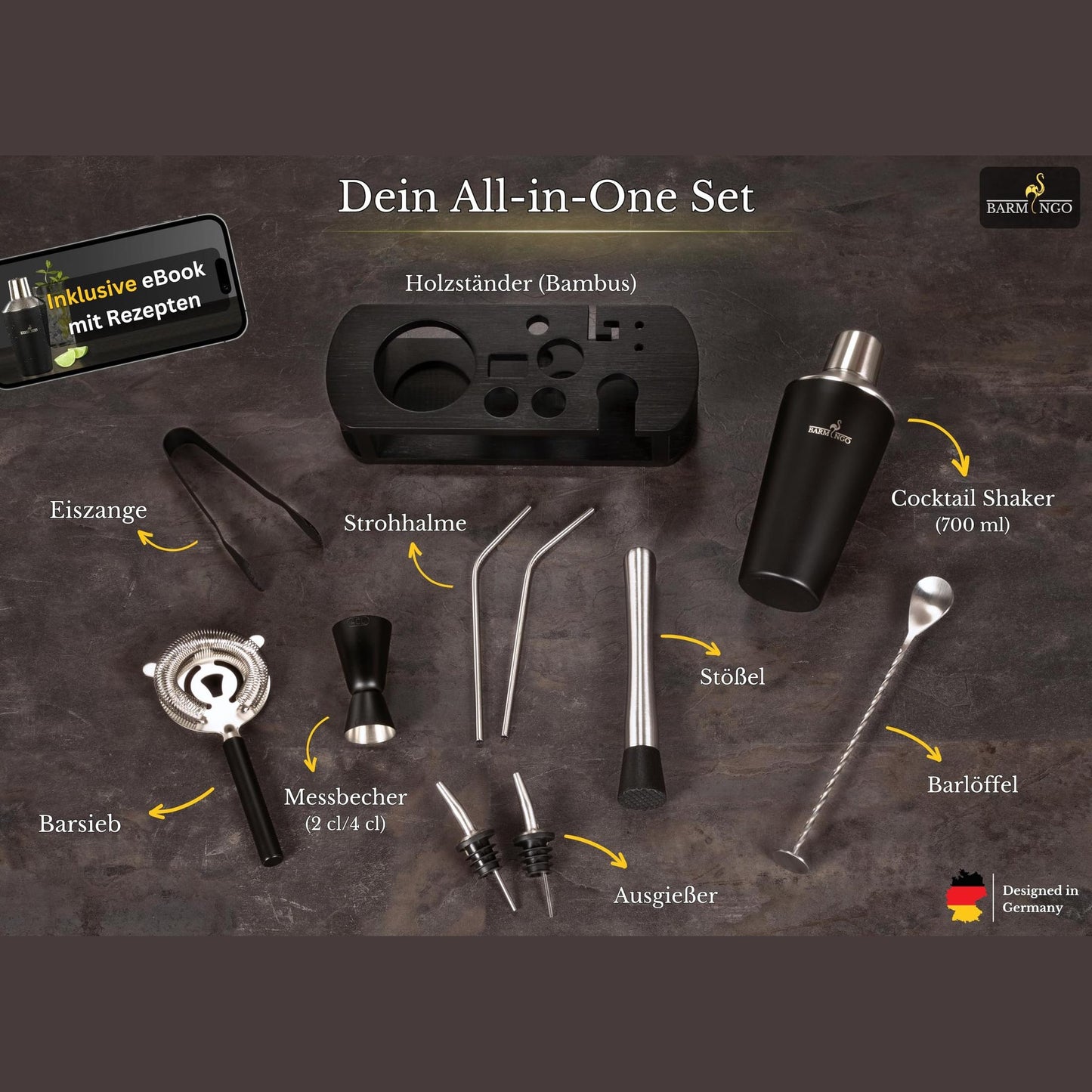 Edelstahl Cocktail Set 11tlg. – 700 ml Cocktail Shaker Set mit Ständer und Bar Zubehör, Cocktailshaker Set | Barkeeper Set | Cocktail Mix Set | Bar Set | Geschenkset | Schwarz