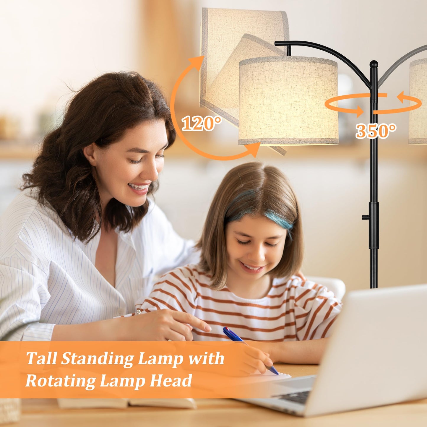 Rottogoon Industrial Floor Lamp – LED Standing Lamp with 9W Bulb & Beige Shade (Oil-Rubbed Bronze).