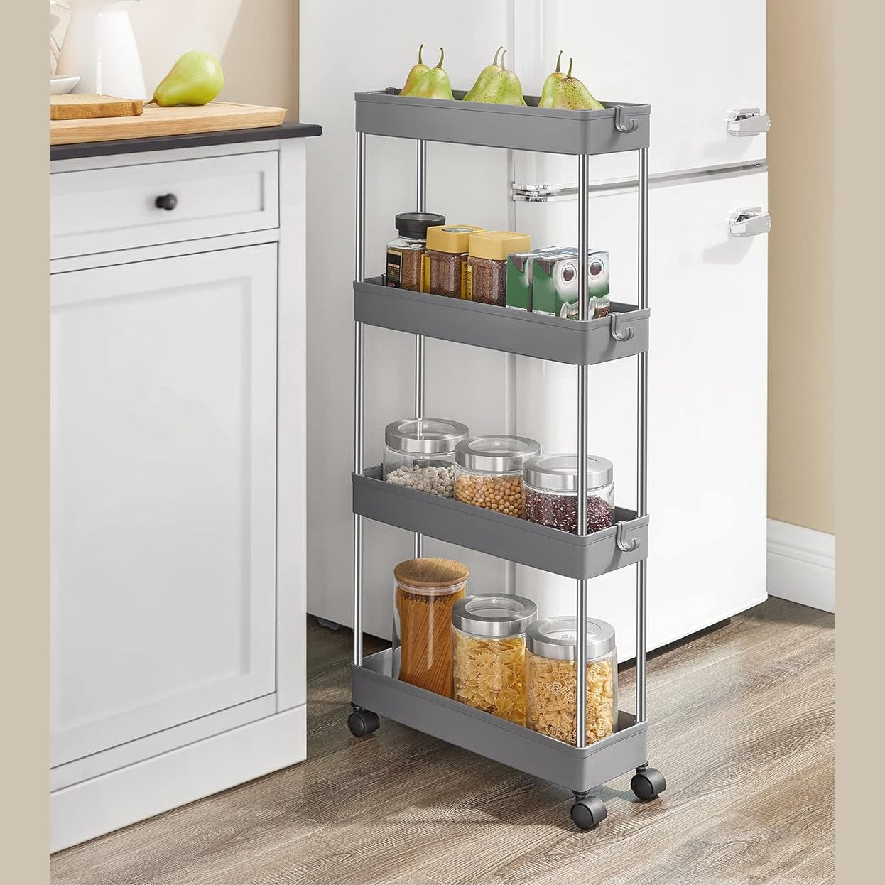 SONGMICS kapea 4-tasoinen säilytyskärry pyörillä – keittiöön ja kylpyhuoneeseen (40 × 12,5 × 86 cm)