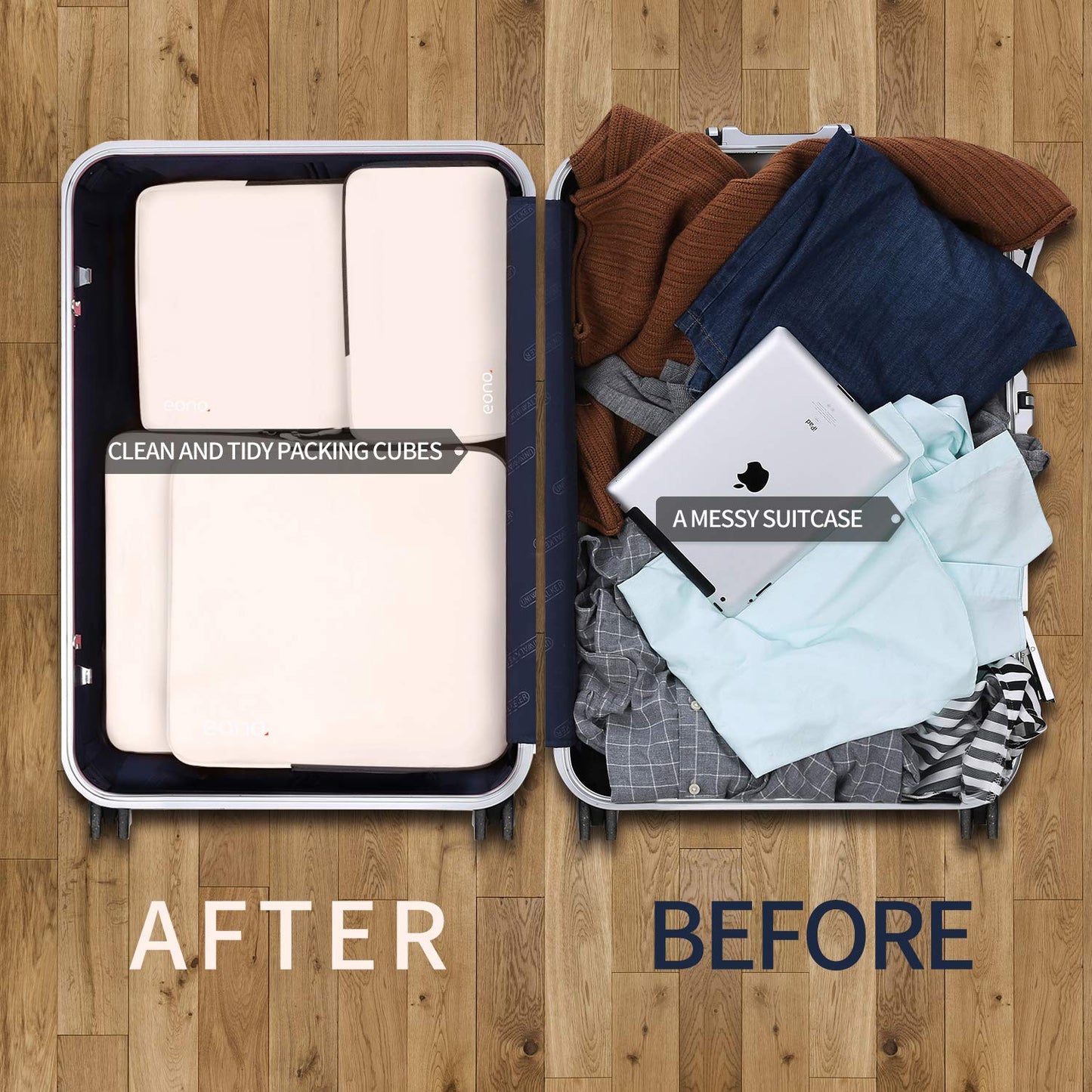 Eono Essentials Compressible Packing Cubes – 4/6-Piece Travel Luggage Organiser Set