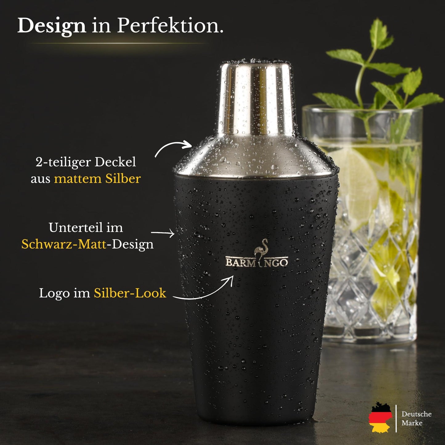 Cocktail Shaker Set [1,3 - SEHR GUT] - 500ml Edelstahl Cocktailshaker mit Bar Zubehör, Cocktail Set | Bar Set | Barkeeper Set | Cocktail Mix Set | Bar Geschenkset | Schwarz-Silber
