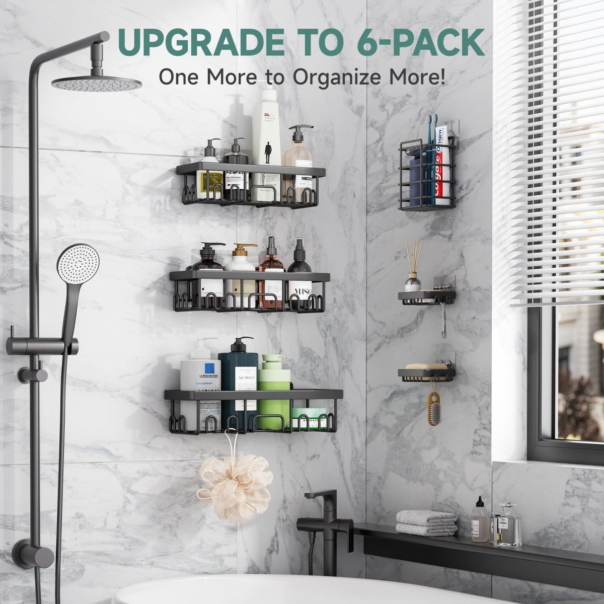 Veken 6 - Pack Adhesive Shower Caddy – Rustproof No - Drill Bathroom Organizer with Soap Holder (Black). - Easiley - B0D2Y7SXSK