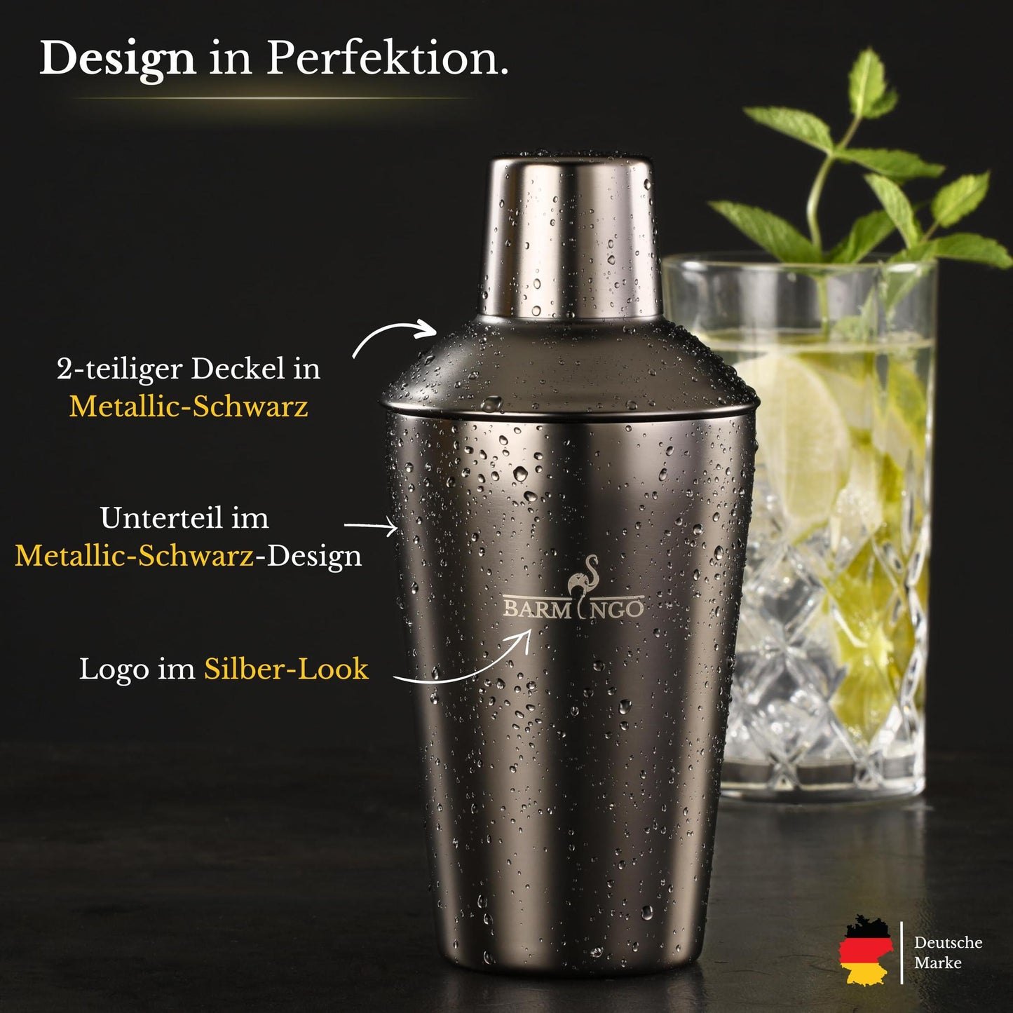 Cocktail Shaker Set [1,3 - SEHR GUT] - 500ml Edelstahl Cocktailshaker mit Bar Zubehör, Cocktail Set | Bar Set | Barkeeper Set | Cocktail Mix Set | Bar Geschenkset | Schwarz-Silber