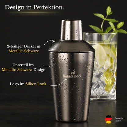 Cocktail Shaker Set [1,3 - SEHR GUT] - 500ml Edelstahl Cocktailshaker mit Bar Zubehör, Cocktail Set | Bar Set | Barkeeper Set | Cocktail Mix Set | Bar Geschenkset | Schwarz-Silber