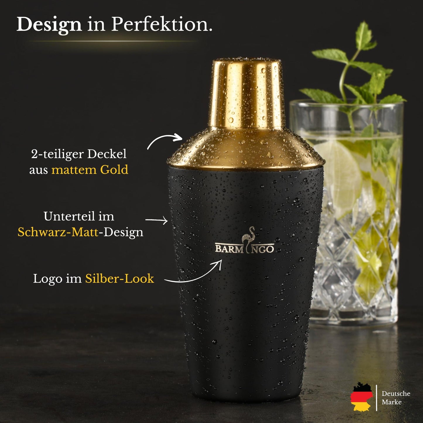 Cocktail Shaker Set [1,3 - SEHR GUT] - 500ml Edelstahl Cocktailshaker mit Bar Zubehör, Cocktail Set | Bar Set | Barkeeper Set | Cocktail Mix Set | Bar Geschenkset | Schwarz-Silber