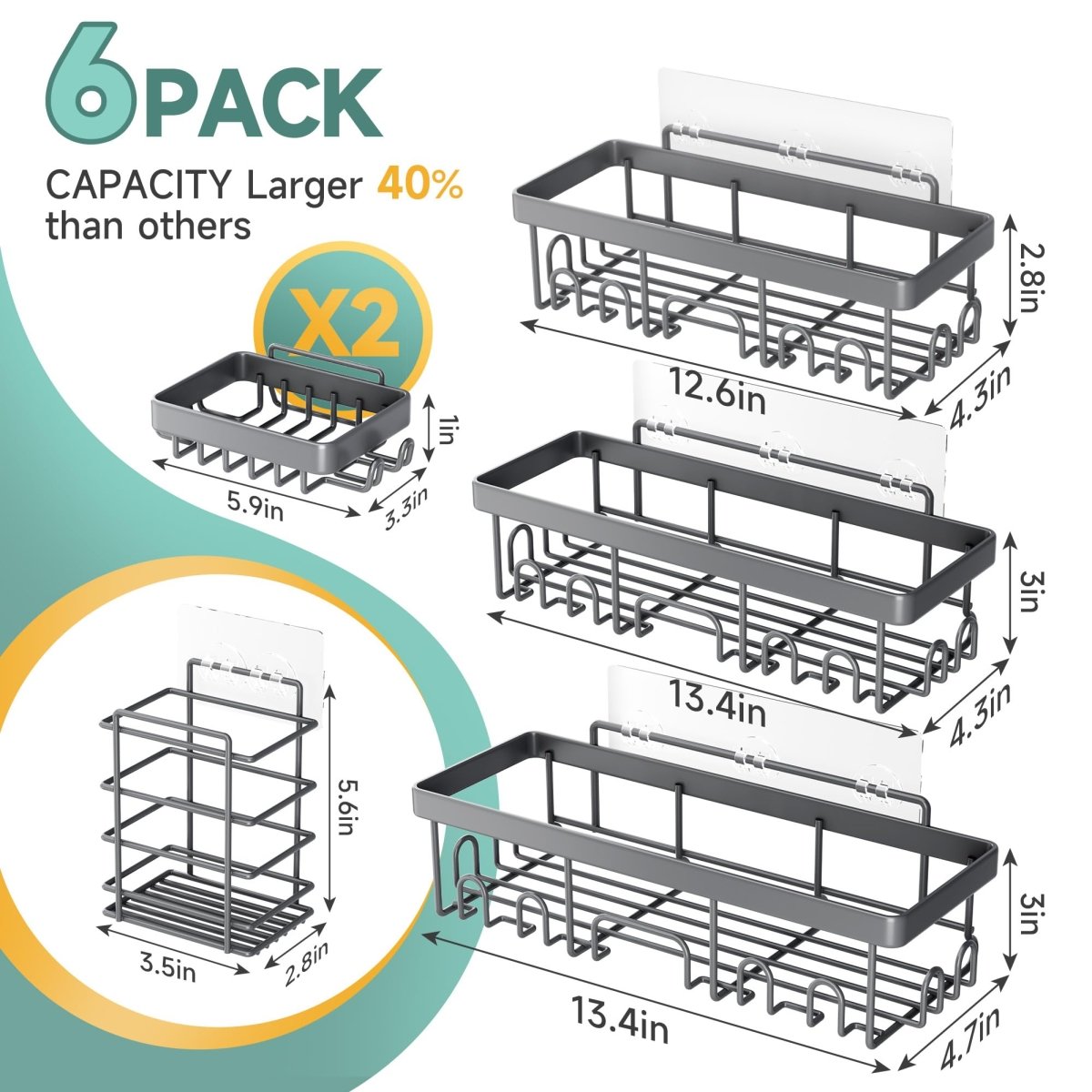 Veken 6 - Pack Adhesive Shower Caddy – Rustproof No - Drill Bathroom Organizer with Soap Holder (Black). - Easiley - B0D2Y7SXSK