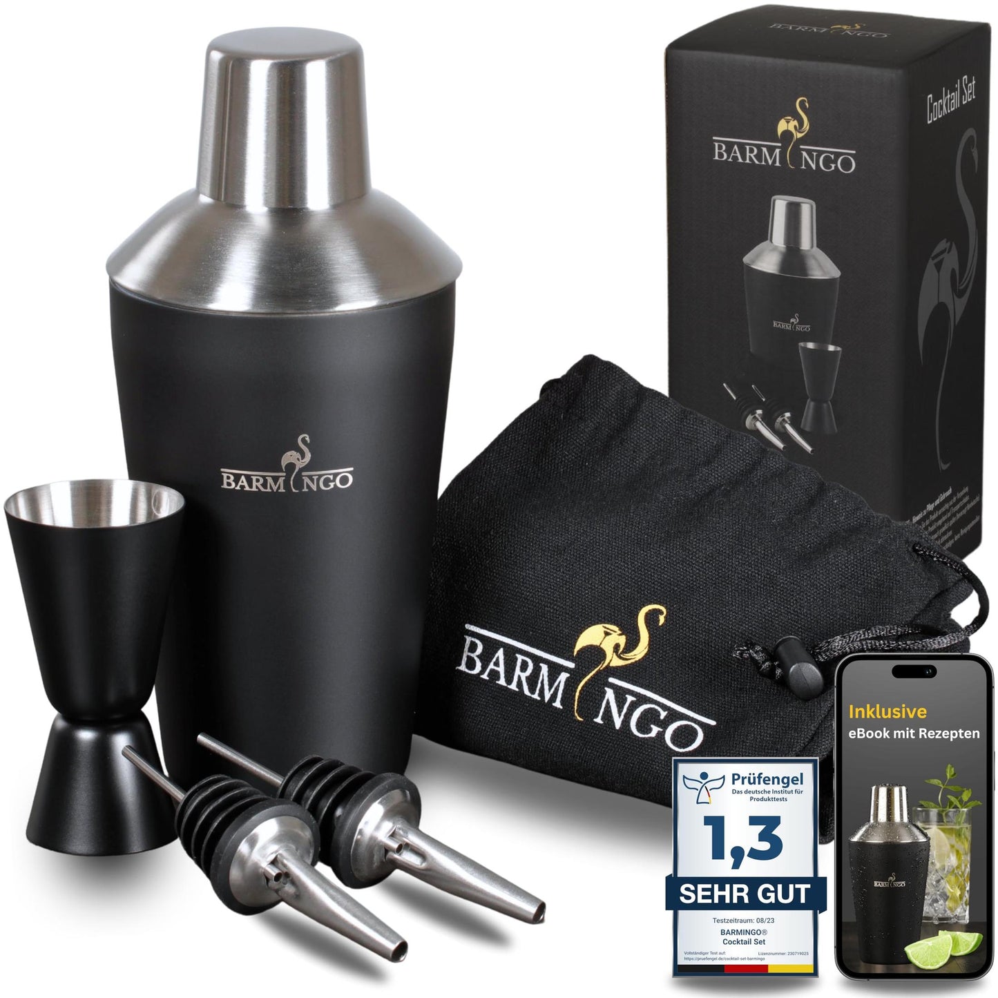 Cocktail Shaker Set [1,3 - SEHR GUT] - 500ml Edelstahl Cocktailshaker mit Bar Zubehör, Cocktail Set | Bar Set | Barkeeper Set | Cocktail Mix Set | Bar Geschenkset | Schwarz-Silber