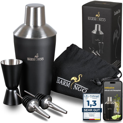 Cocktail Shaker Set [1,3 - SEHR GUT] - 500ml Edelstahl Cocktailshaker mit Bar Zubehör, Cocktail Set | Bar Set | Barkeeper Set | Cocktail Mix Set | Bar Geschenkset | Schwarz-Silber