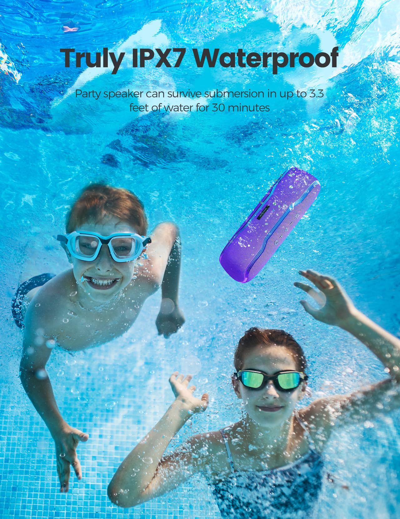 Portable Bluetooth Speaker – IPX7 Waterproof, 25W Super Bass, 24H Playtime, Colorful Lights, 100ft Range, TWS Pairing, Perfect for Outdoor, Party, & Beach.