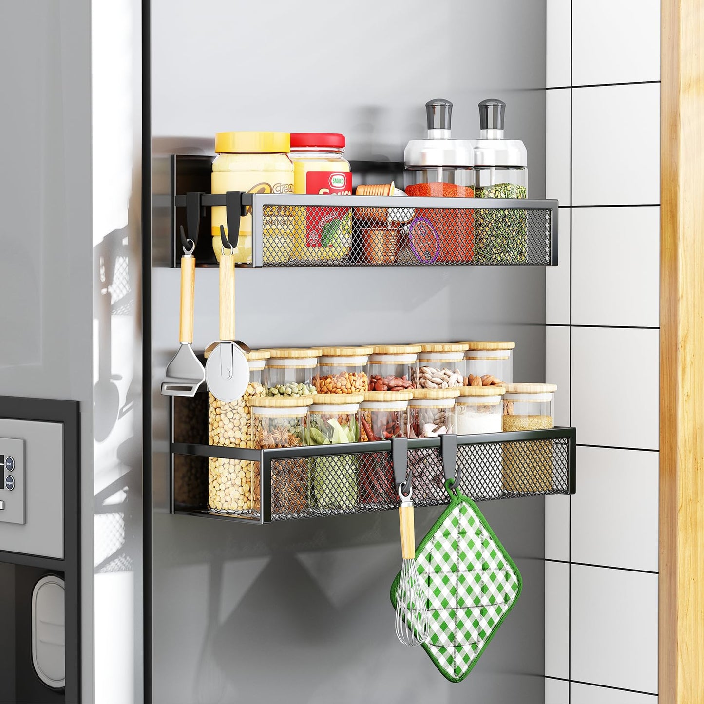 Magnetic Spice Rack for Fridge – 4-Pack Magnetic Shelves with 8 Movable Hooks for Kitchen Organisation