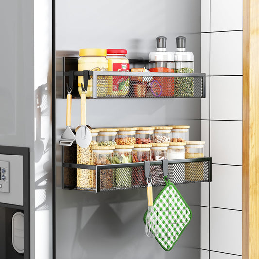 Magnetic Spice Rack for Fridge – 4-Pack Magnetic Shelves with 8 Movable Hooks for Kitchen Organisation
