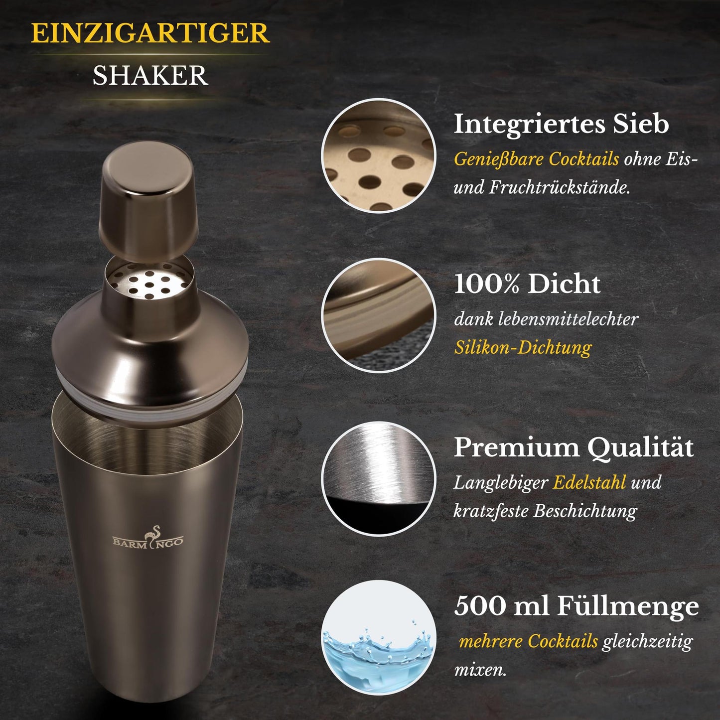 Cocktail Shaker Set [1,3 - SEHR GUT] - 500ml Edelstahl Cocktailshaker mit Bar Zubehör, Cocktail Set | Bar Set | Barkeeper Set | Cocktail Mix Set | Bar Geschenkset | Schwarz-Silber