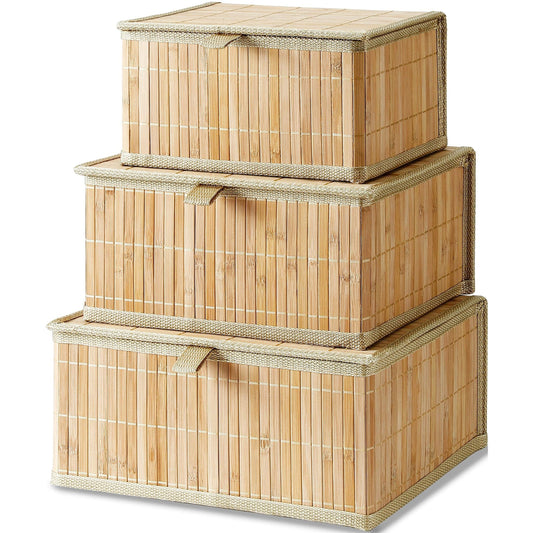 Honygebia Decorative Bamboo Storage Basket Set – 3 Rattan Boxes with Lids for Home Organisation