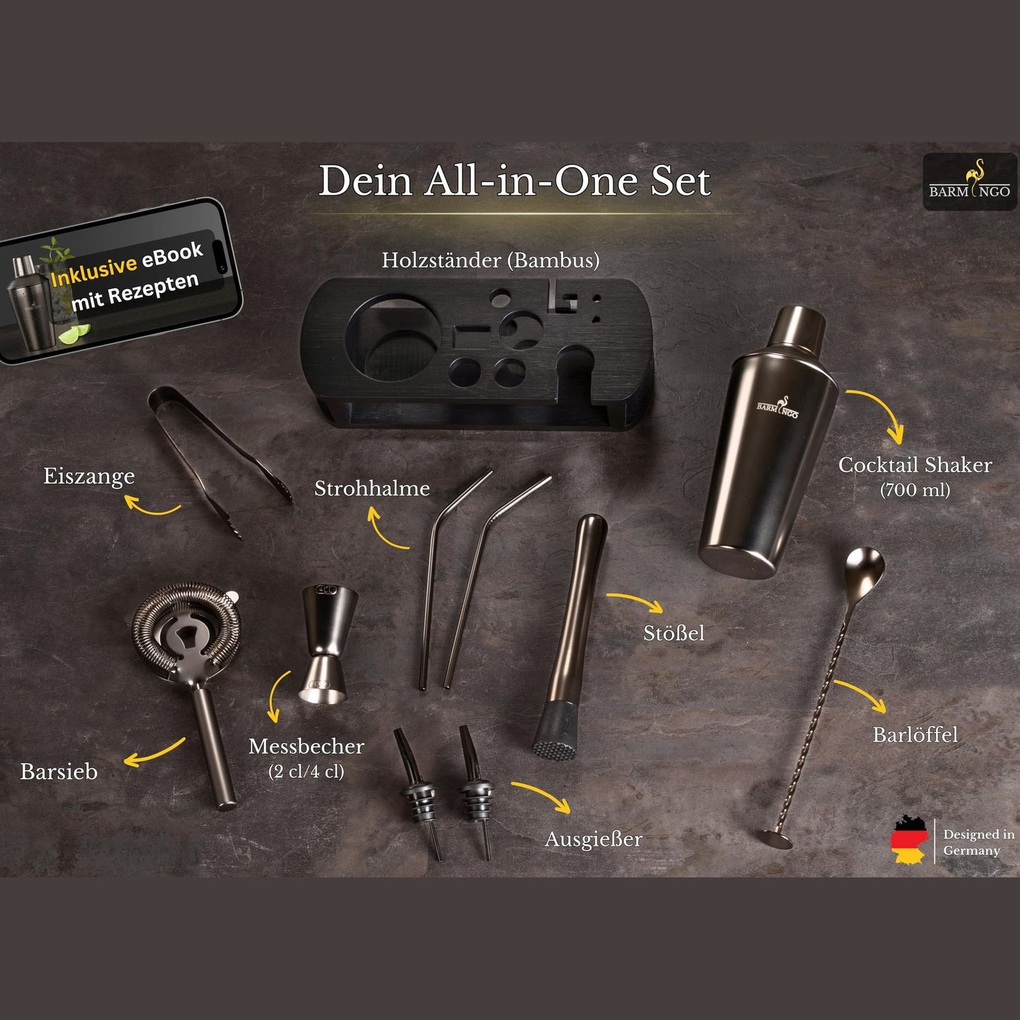 Edelstahl Cocktail Set 11tlg. – 700 ml Cocktail Shaker Set mit Ständer und Bar Zubehör, Cocktailshaker Set | Barkeeper Set | Cocktail Mix Set | Bar Set | Geschenkset | Schwarz