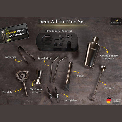 Edelstahl Cocktail Set 11tlg. – 700 ml Cocktail Shaker Set mit Ständer und Bar Zubehör, Cocktailshaker Set | Barkeeper Set | Cocktail Mix Set | Bar Set | Geschenkset | Schwarz