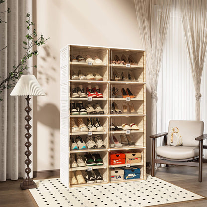 Foldable Shoe Cabinet with Magnetic Doors – 10 Transparent Stackable Shoe Boxes for Heels & Boots (38 Pairs)
