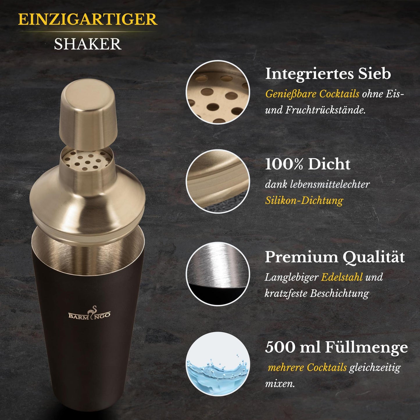 Cocktail Shaker Set [1,3 - SEHR GUT] - 500ml Edelstahl Cocktailshaker mit Bar Zubehör, Cocktail Set | Bar Set | Barkeeper Set | Cocktail Mix Set | Bar Geschenkset | Schwarz-Silber