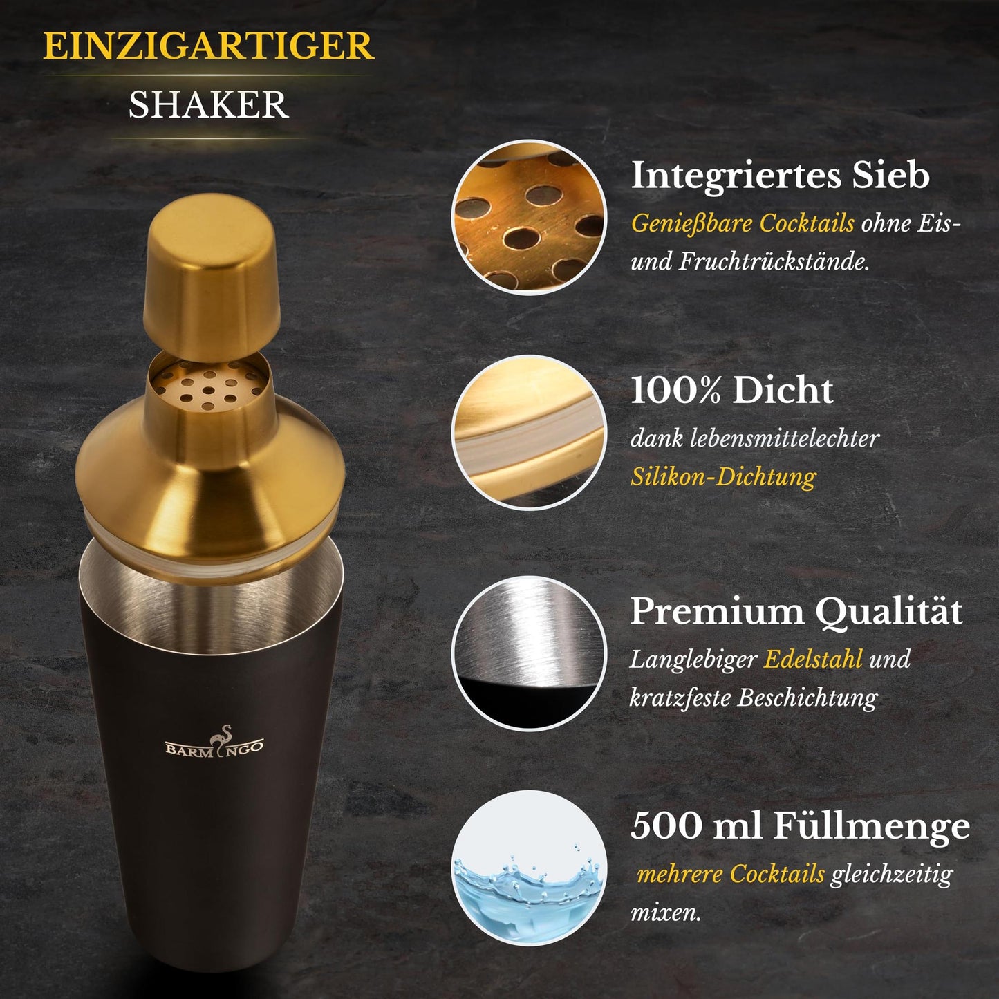 Cocktail Shaker Set [1,3 - SEHR GUT] - 500ml Edelstahl Cocktailshaker mit Bar Zubehör, Cocktail Set | Bar Set | Barkeeper Set | Cocktail Mix Set | Bar Geschenkset | Schwarz-Silber