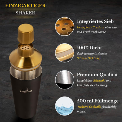 Cocktail Shaker Set [1,3 - SEHR GUT] - 500ml Edelstahl Cocktailshaker mit Bar Zubehör, Cocktail Set | Bar Set | Barkeeper Set | Cocktail Mix Set | Bar Geschenkset | Schwarz-Silber