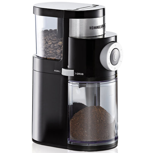 ROMMELSBACHER Kaffeemühle EKM 200 – aromaschonendes Scheibenmahlwerk, Mahlgrad einstellbar von grob bis fein, 2-12 Portionen, Füllmenge Bohnenbehälter 250 g, 110 Watt, schwarz