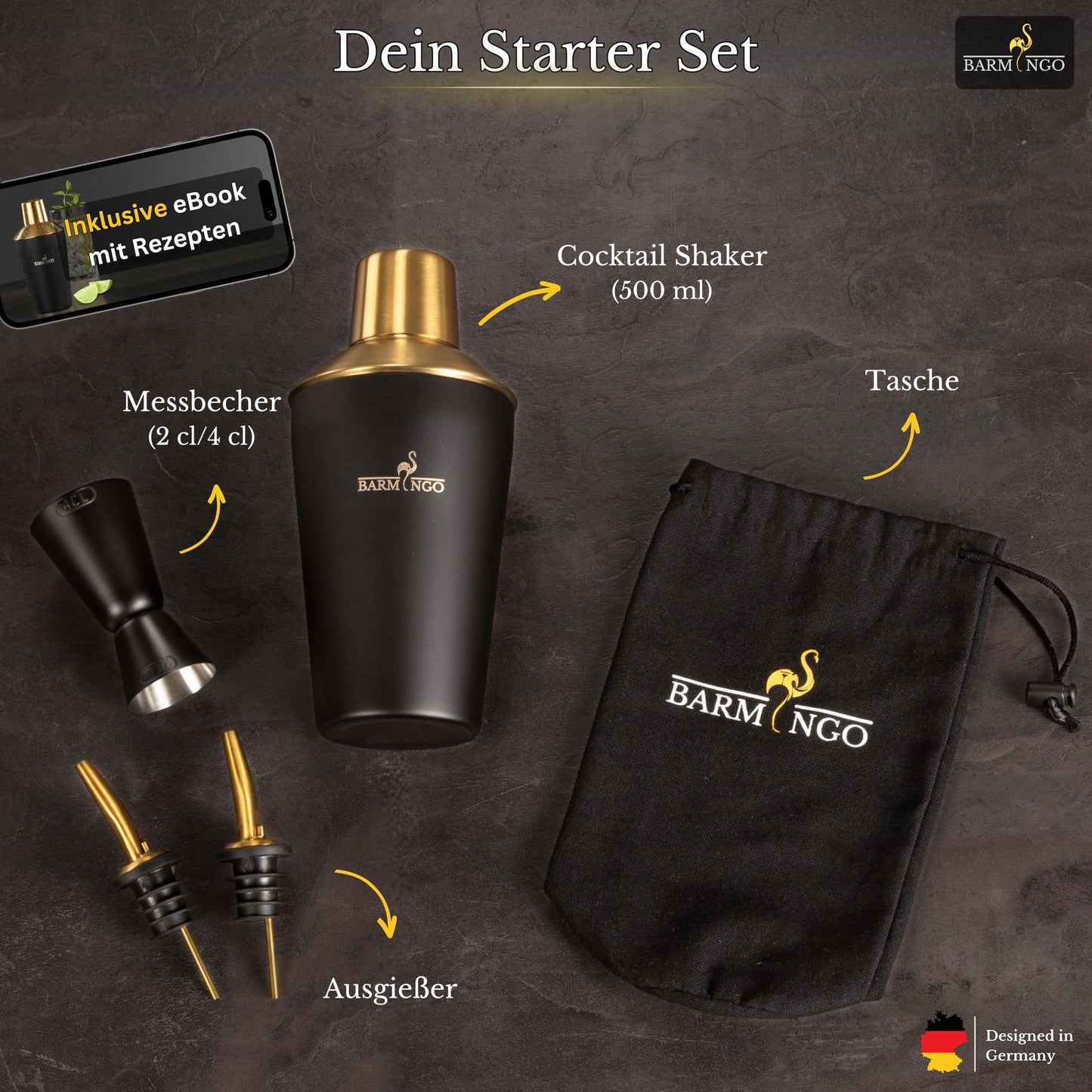 Cocktail Shaker Set [1,3 - SEHR GUT] - 500ml Edelstahl Cocktailshaker mit Bar Zubehör, Cocktail Set | Bar Set | Barkeeper Set | Cocktail Mix Set | Bar Geschenkset | Schwarz-Silber