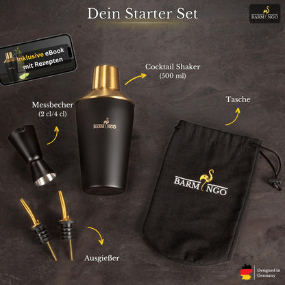 Cocktail Shaker Set [1,3 - SEHR GUT] - 500ml Edelstahl Cocktailshaker mit Bar Zubehör, Cocktail Set | Bar Set | Barkeeper Set | Cocktail Mix Set | Bar Geschenkset | Schwarz-Silber