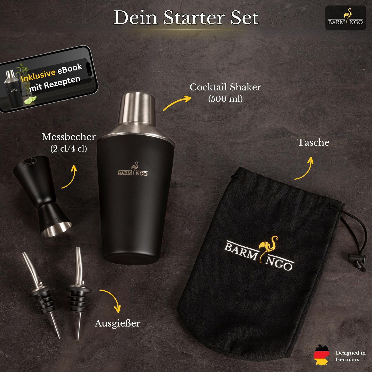 Cocktail Shaker Set [1,3 - SEHR GUT] - 500ml Edelstahl Cocktailshaker mit Bar Zubehör, Cocktail Set | Bar Set | Barkeeper Set | Cocktail Mix Set | Bar Geschenkset | Schwarz-Silber