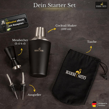 Cocktail Shaker Set [1,3 - SEHR GUT] - 500ml Edelstahl Cocktailshaker mit Bar Zubehör, Cocktail Set | Bar Set | Barkeeper Set | Cocktail Mix Set | Bar Geschenkset | Schwarz-Silber