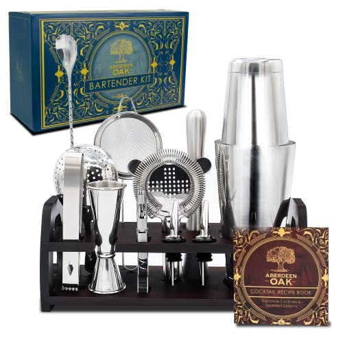 Aberdeen Oak Mixology Set: Professional Stainless Steel Cocktail Kit & Bamboo Stand - Essential Bar Tools for Home