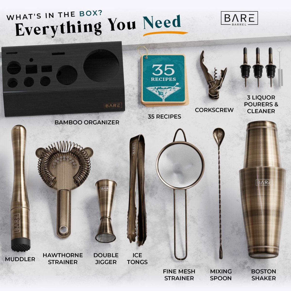 BARE BARREL® 14-Piece Professional Cocktail Making Set - 7 colors | Includes 28oz Boston Shaker & Home Bar Mixing Tools with 35 Recipe Cards | Ideal Bartending Kit Gift Set - Easiley - B0CH83JXCR